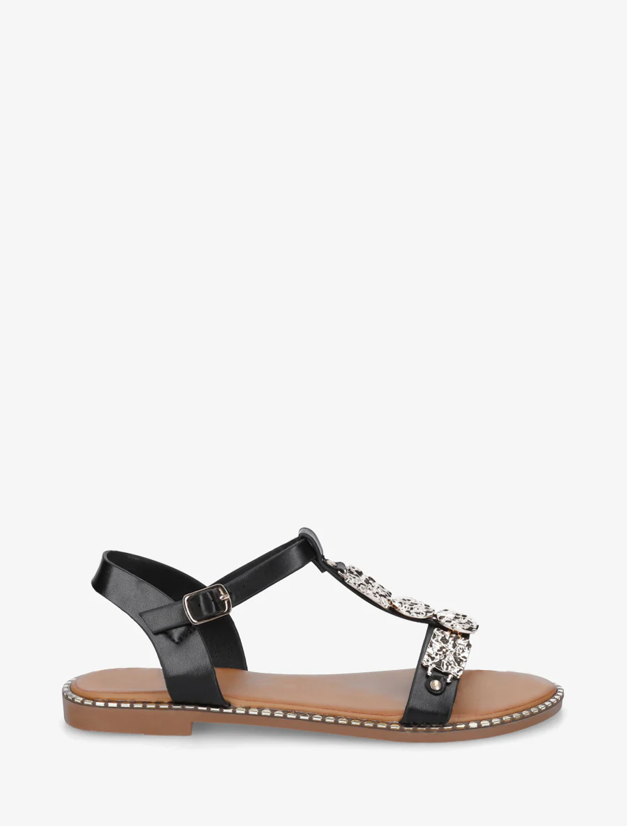 Sandalen van imitatieleer met metalen inzetstuk - Zwart
