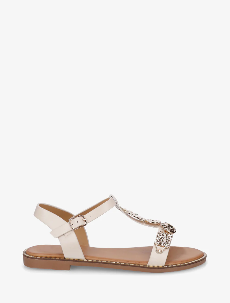 Sandalen van imitatieleer met metalen inzetstuk - Beige