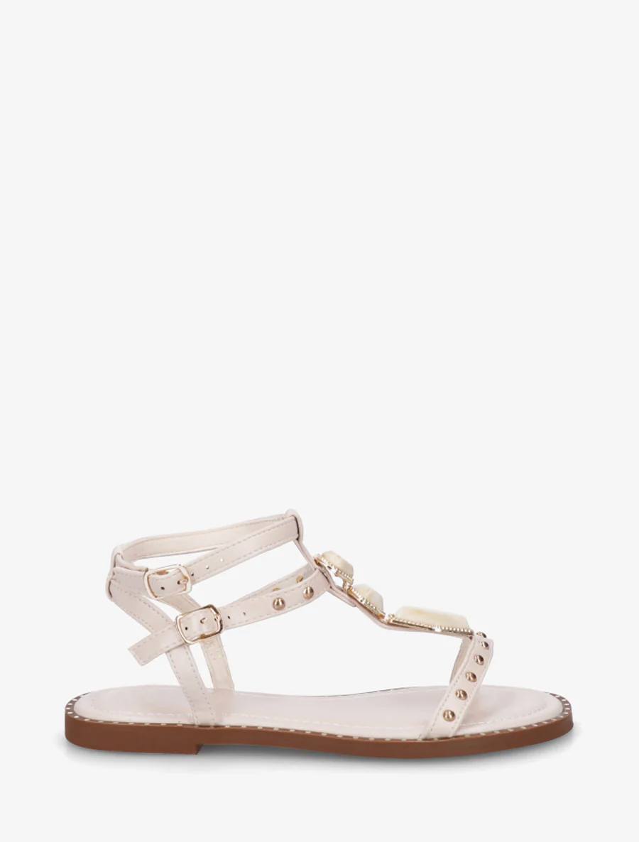 Sandalen van imitatieleer met stenen inzetstukken - Beige