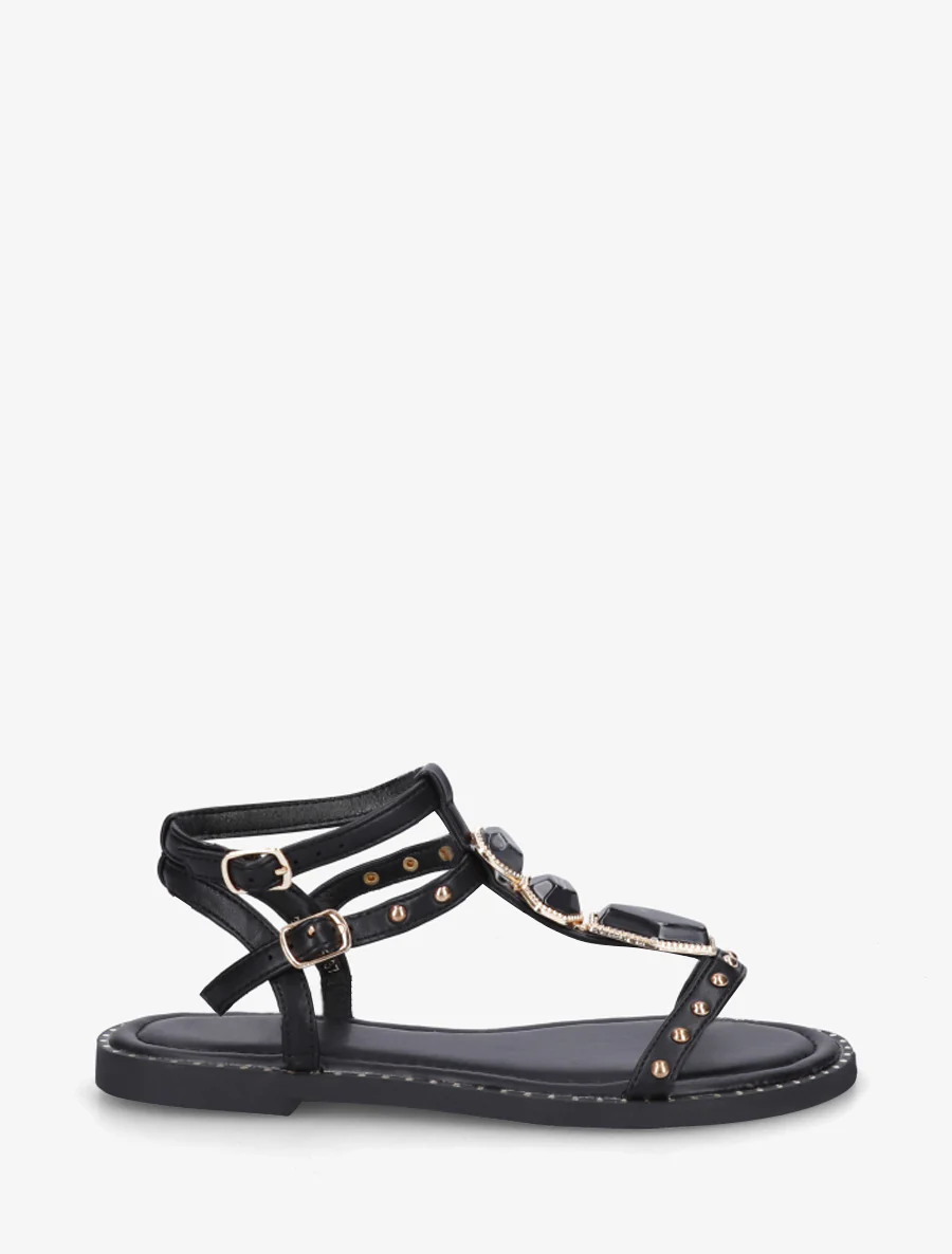 Sandalen van imitatieleer met stenen inzetstukken - Zwart
