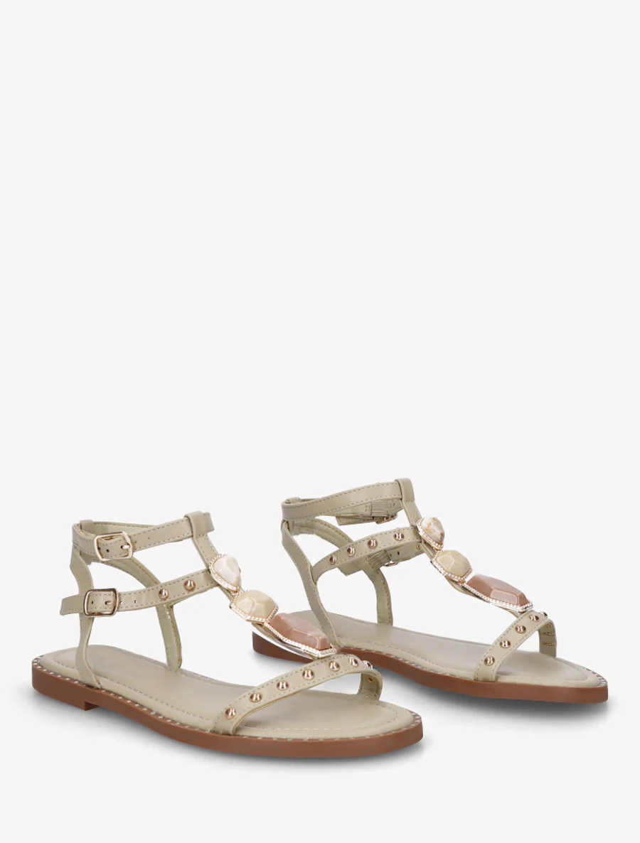 Sandalen van imitatieleer met stenen inzetstukken - Licht kaki - Image 4