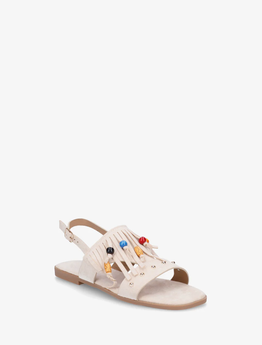 Sandalen van suèdine met franjes en houten kralen. - Beige - Image 2