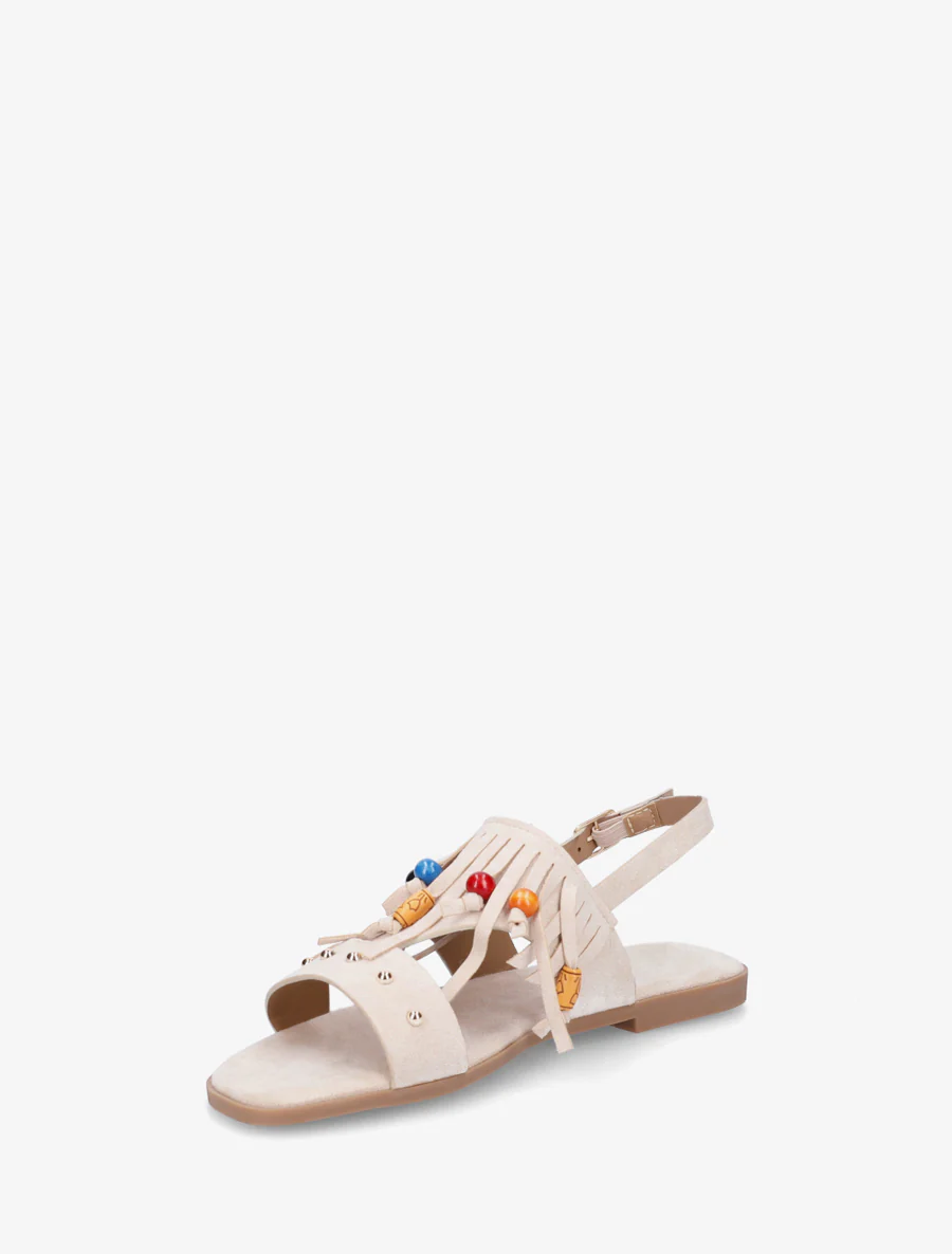 Sandalen van suèdine met franjes en houten kralen. - Beige - Image 3