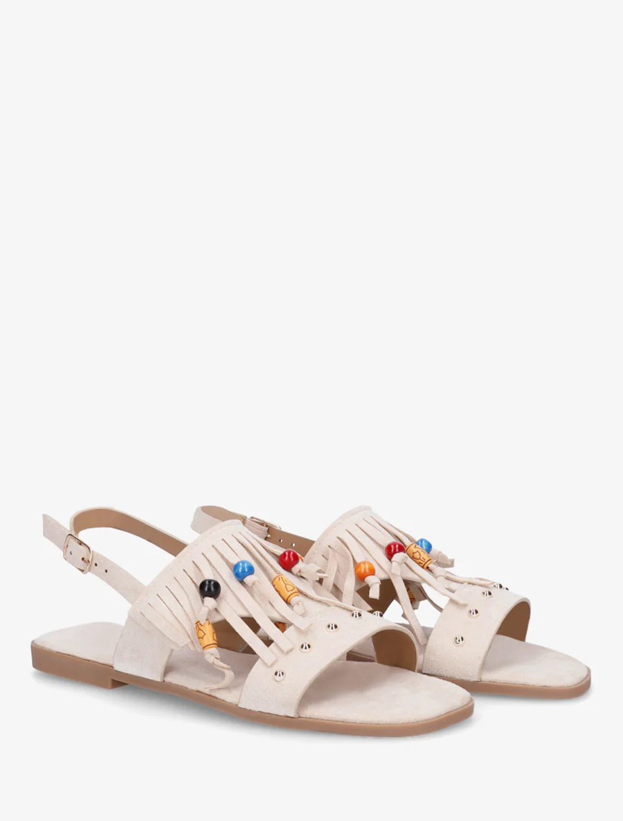 Sandalen van suèdine met franjes en houten kralen. - Beige - Image 4