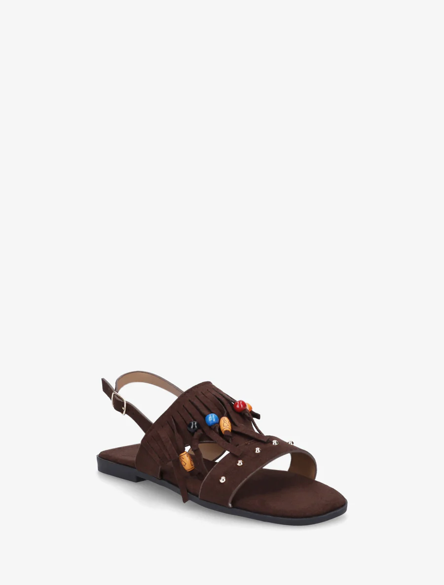 Sandalen van suèdine met franjes en houten kralen. - Bruin - Image 2