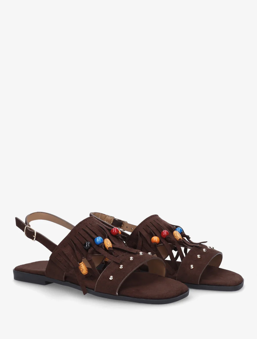 Sandalen van suèdine met franjes en houten kralen. - Bruin - Image 4