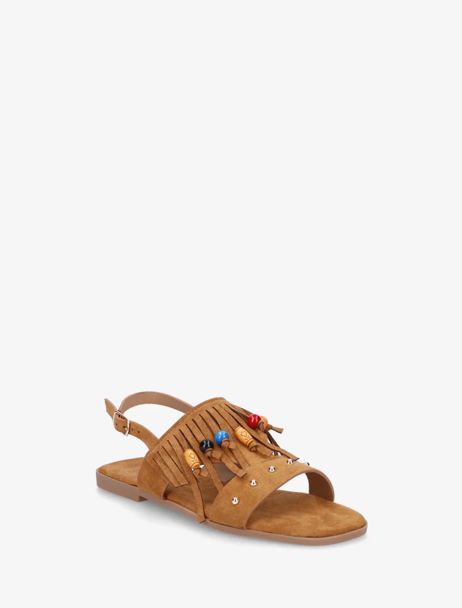 Sandalen van suèdine met franjes en houten kralen. - Kameel - Image 2