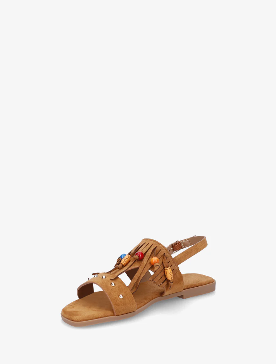 Sandalen van suèdine met franjes en houten kralen. - Kameel - Image 3