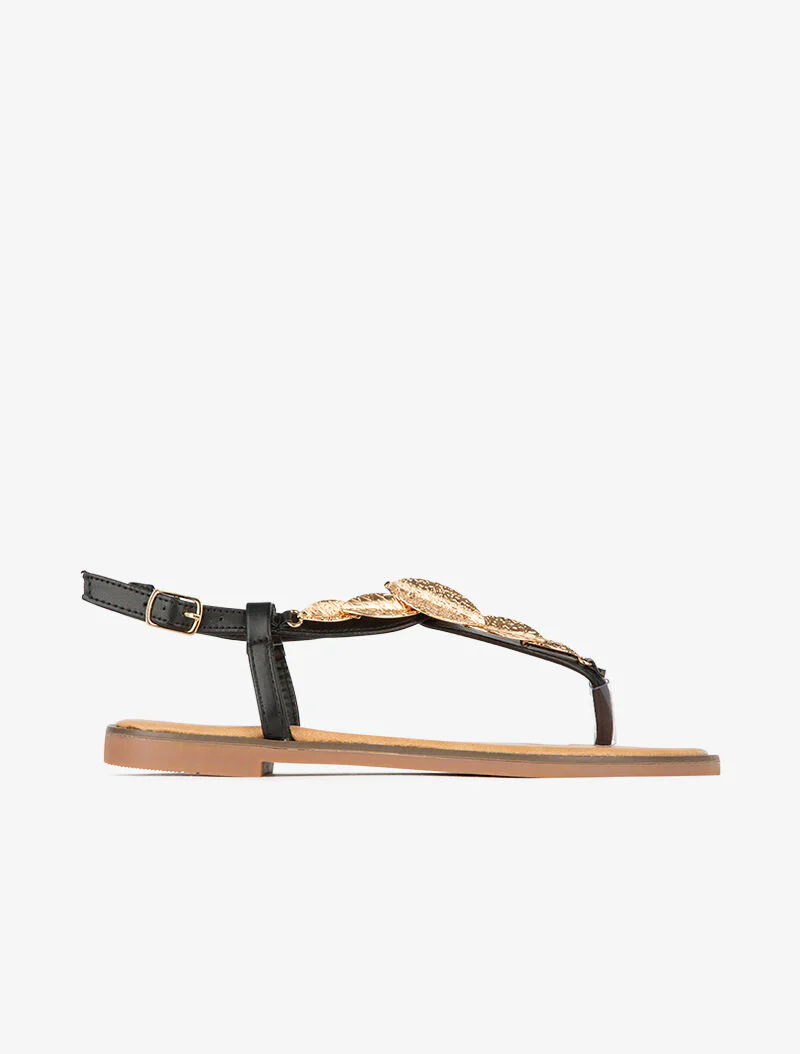 Sandalen versierd met gouden bladeren - zwart