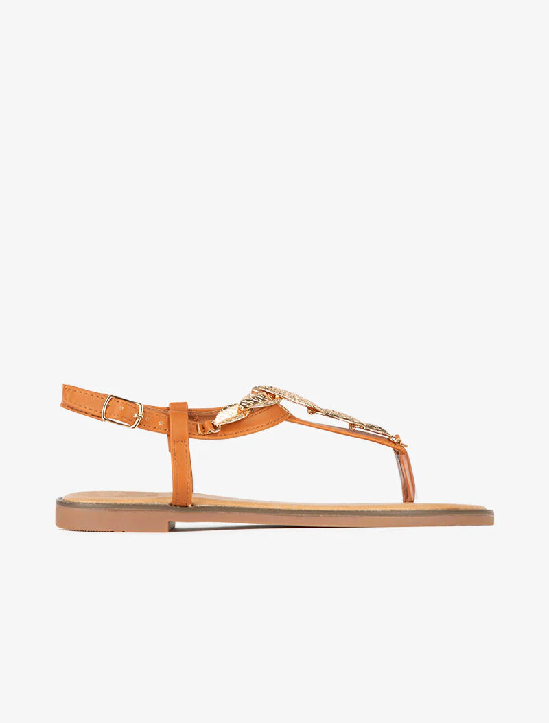 Sandalen versierd met gouden bladeren - camel
