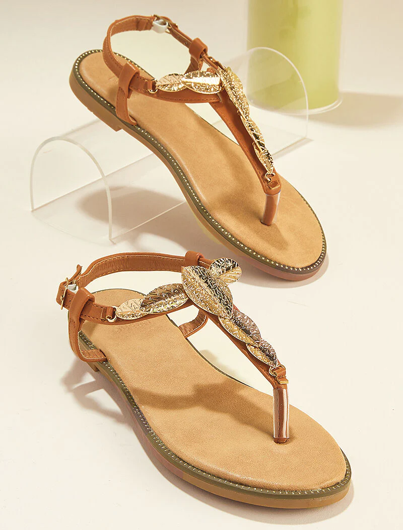 Sandalen versierd met gouden bladeren - camel - Image 5