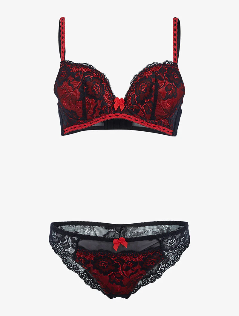 Satijnen set met bloemenkant - rood/zwart