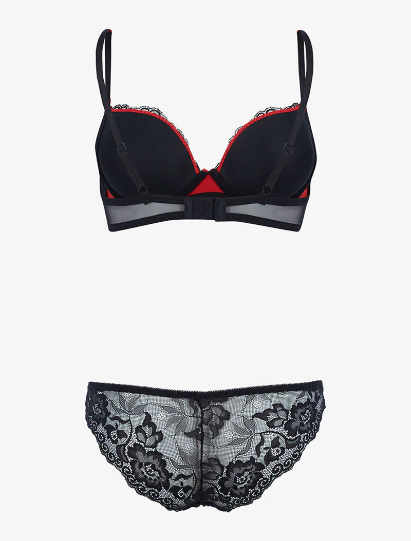 Satijnen set met bloemenkant - rood/zwart - Image 2