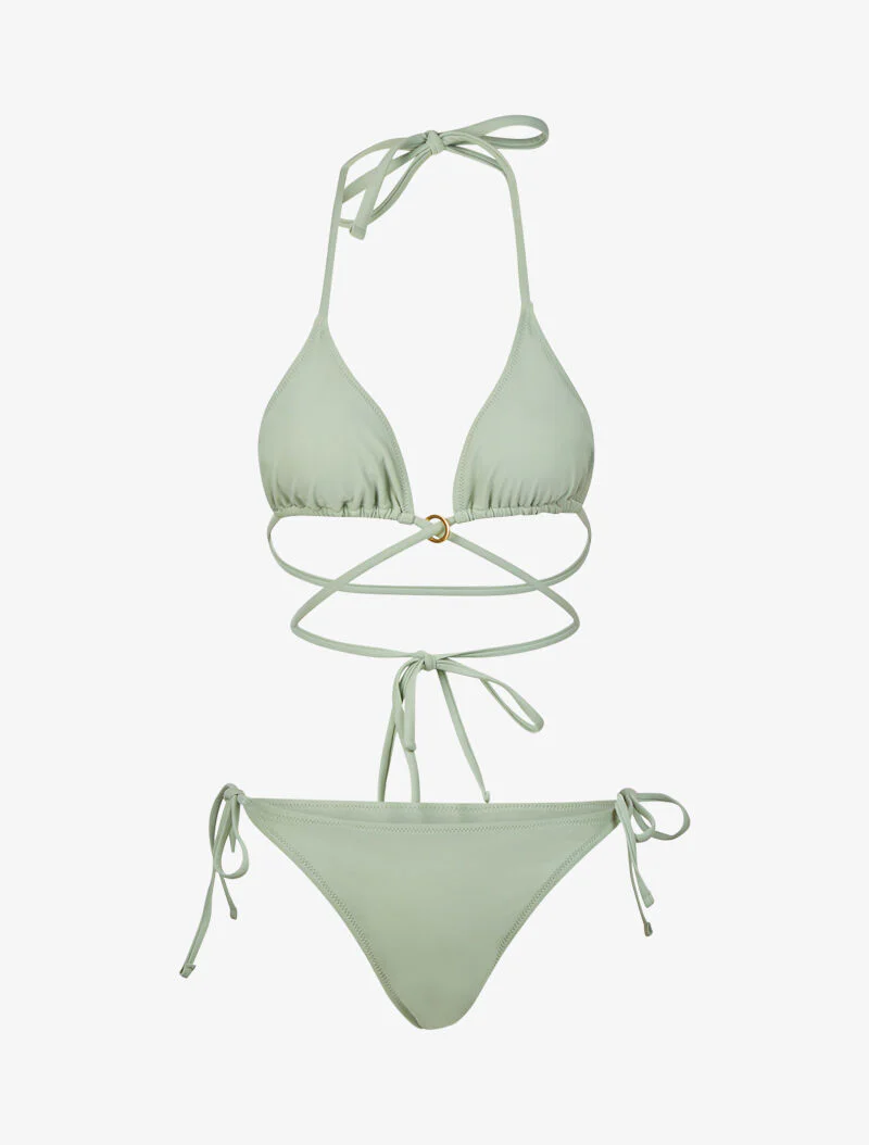 Satijnen bikini met striksluiting - amandelgroen