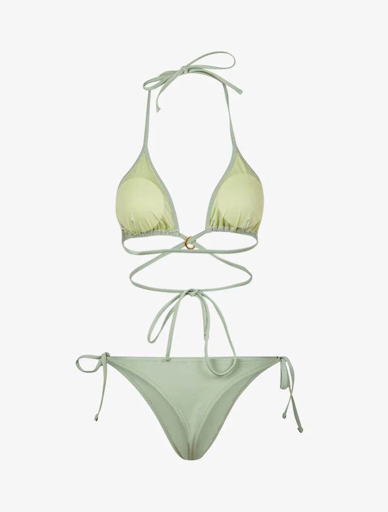 Satijnen bikini met striksluiting - amandelgroen - Image 2