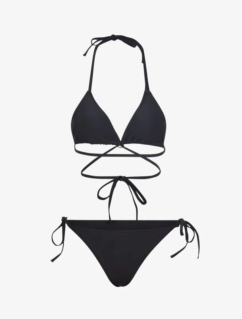 Satijnen bikini met striksluiting - zwart