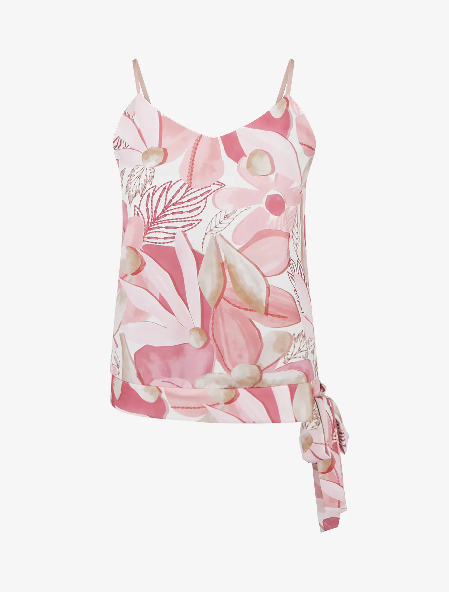 Satijnen bloemenprint caraco met strik - Roos