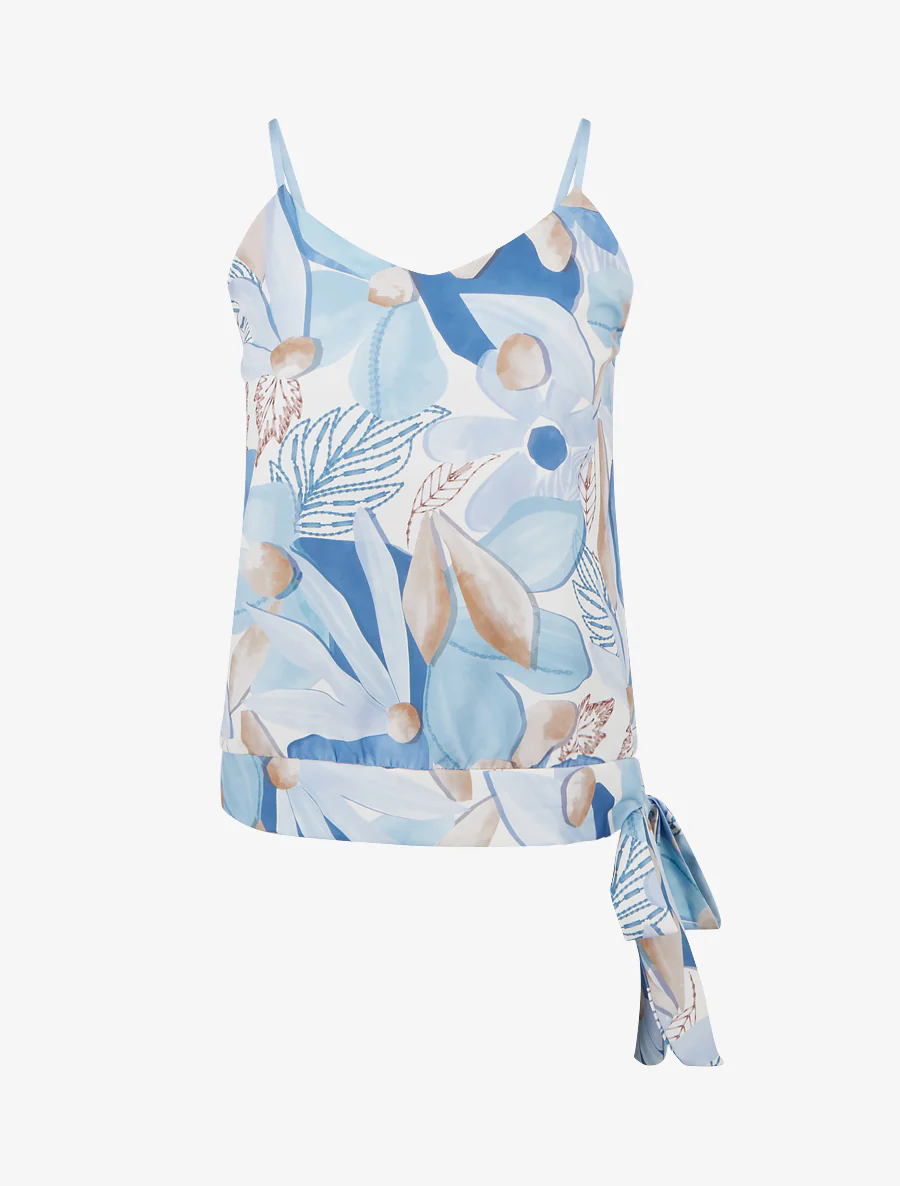Satijnen bloemenprint caraco met strik - Lichtblauw