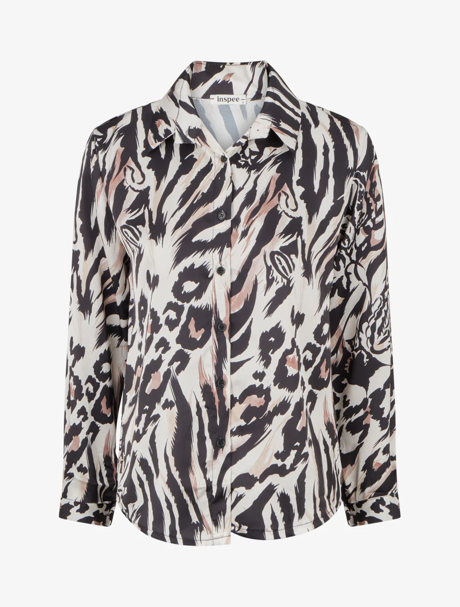Satijnen blouse met dierenprint - Zwart