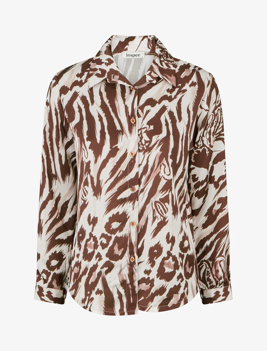 Satijnen blouse met dierenprint - Bruin