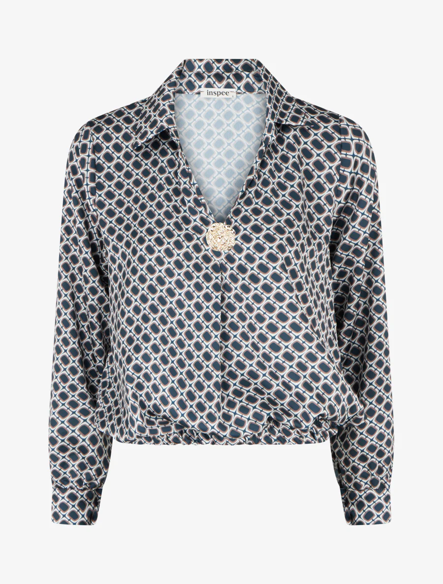 Satijnen blouse met jaren '70 print - Eendenblauw