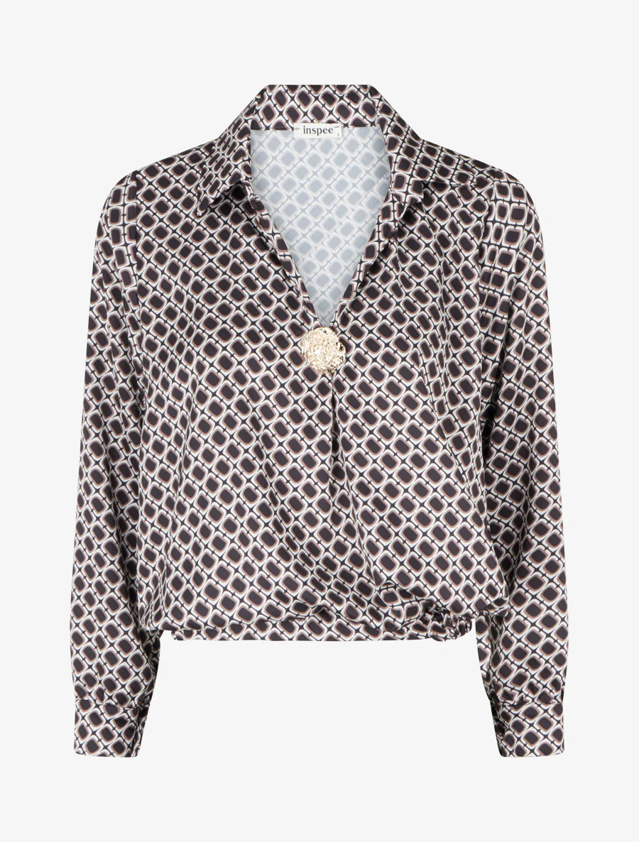 Satijnen blouse met jaren '70 print - Zwart