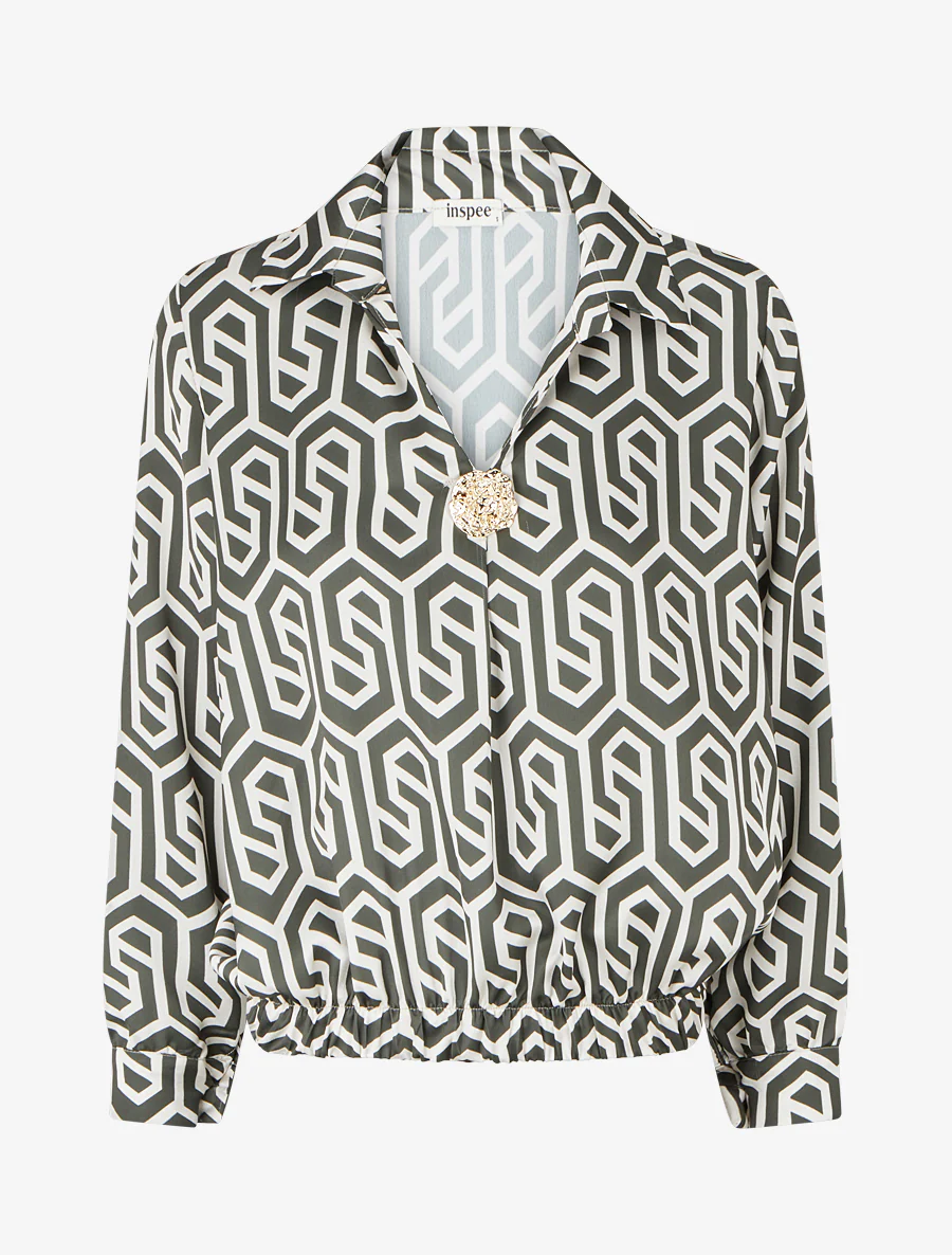 Satijnen blouse met retroprint - Kaki