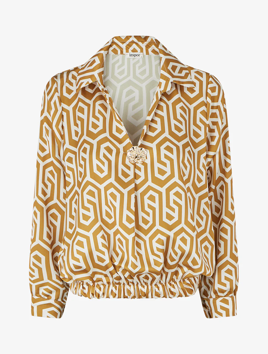 Satijnen blouse met retroprint - Mosterdgeel