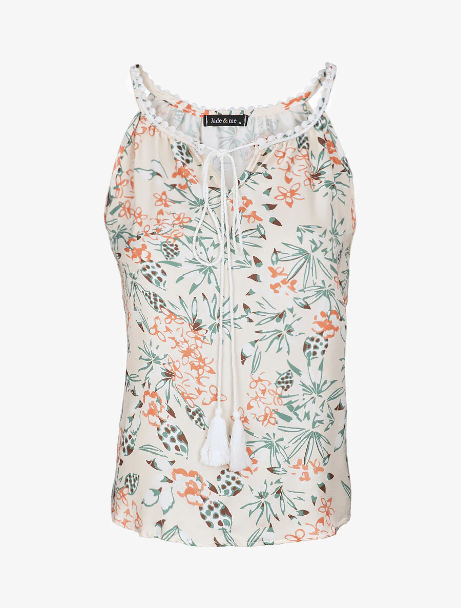 Satijnen blouse met roze print - Beige