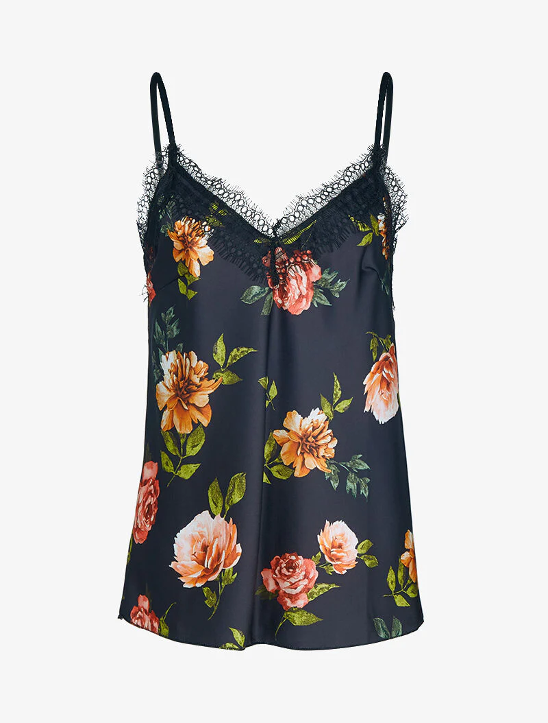 Satijnen Caraco met bloemenprint - zwart