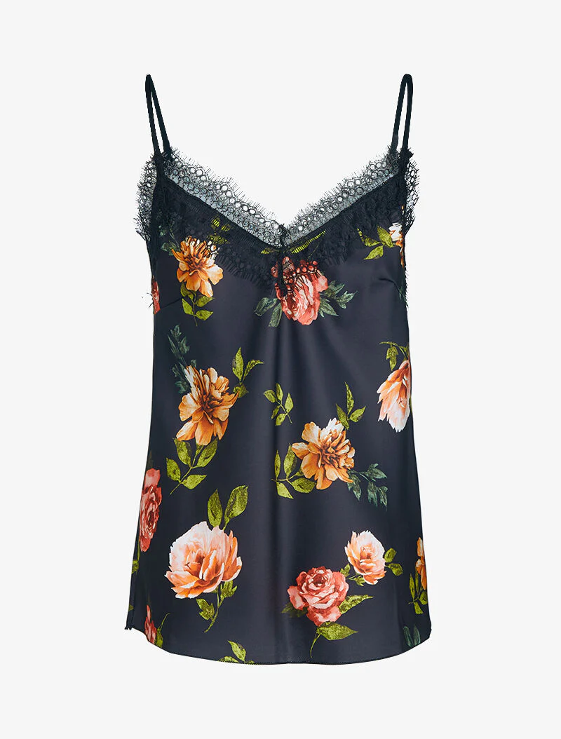 Satijnen Caraco met bloemenprint - zwart - Image 2
