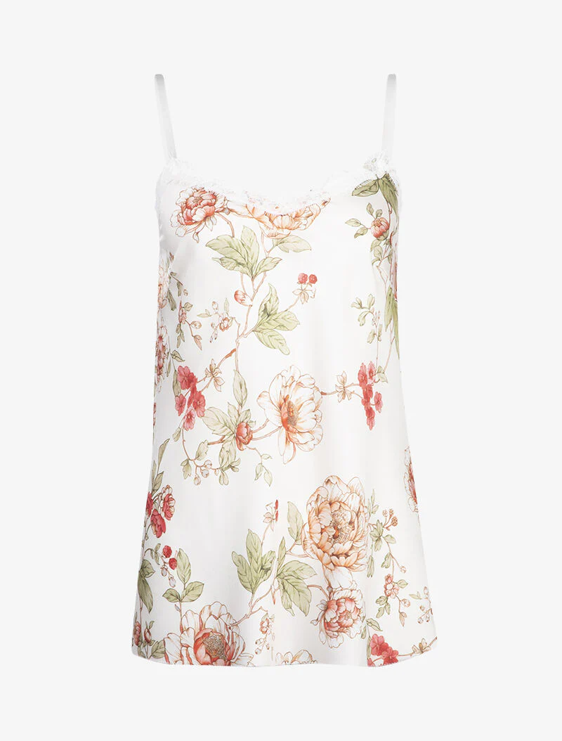 Satijnen Caraco met lentebloemenprint - wit
