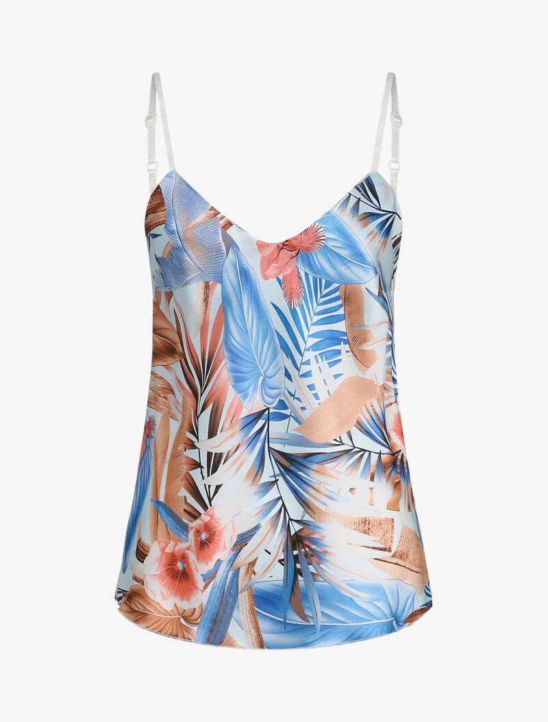 Satijnen caraco met tropische print - lichtblauw