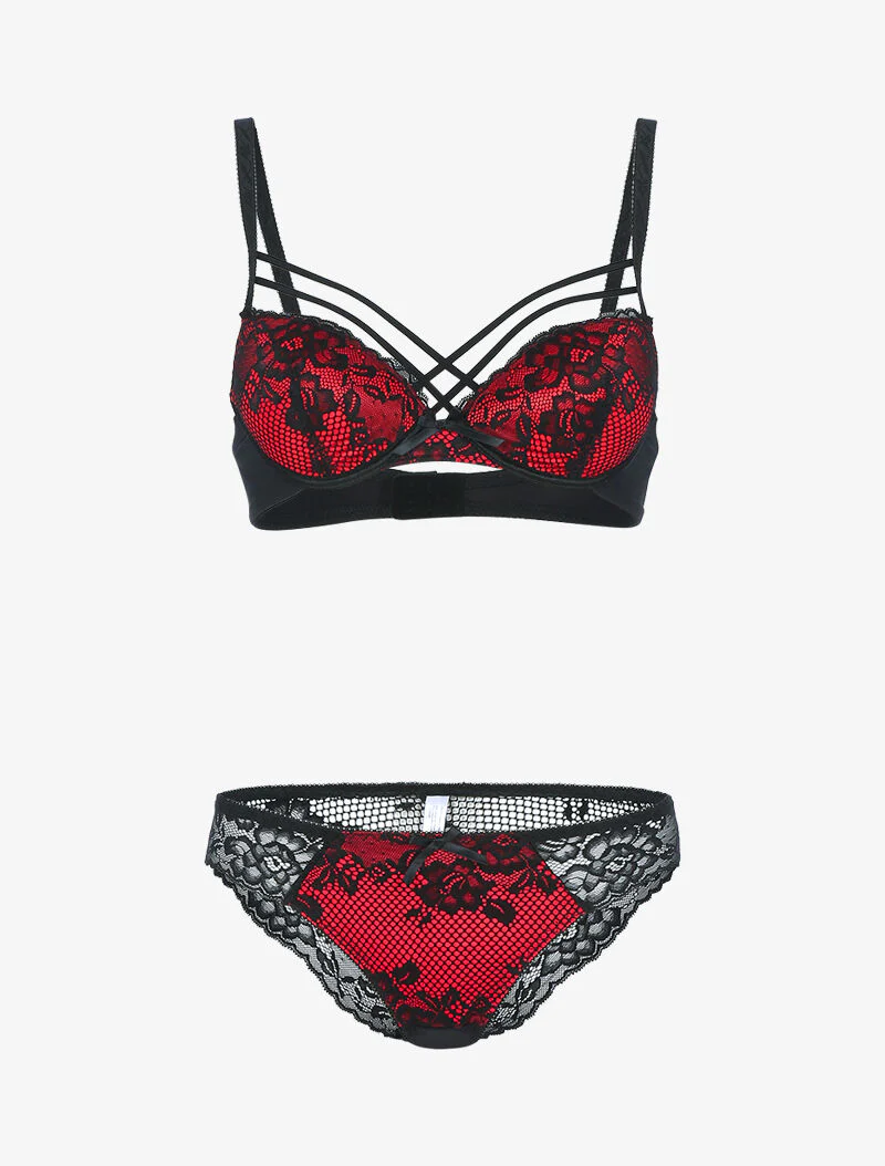 Satijnen set met bloemenkant - zwart/rood