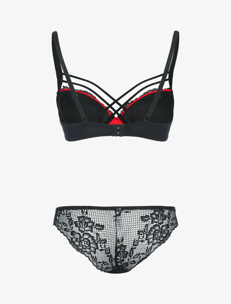 Satijnen set met bloemenkant - zwart/rood - Image 2