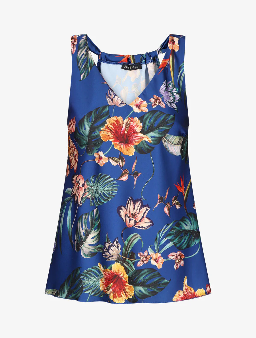 Satijnen geprinte bloemenjurk - Blauw