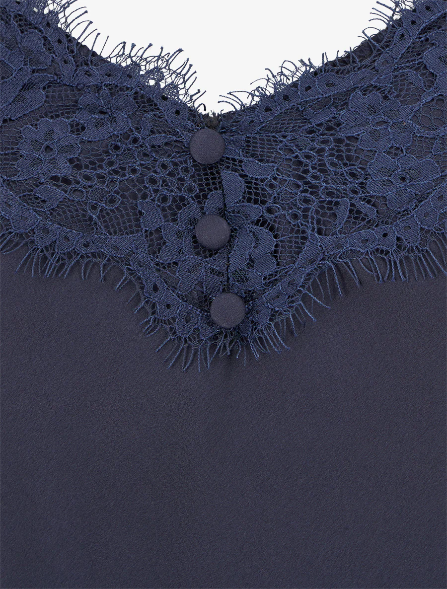 Satijnen hemdje met kanten detail - Marine - Image 3