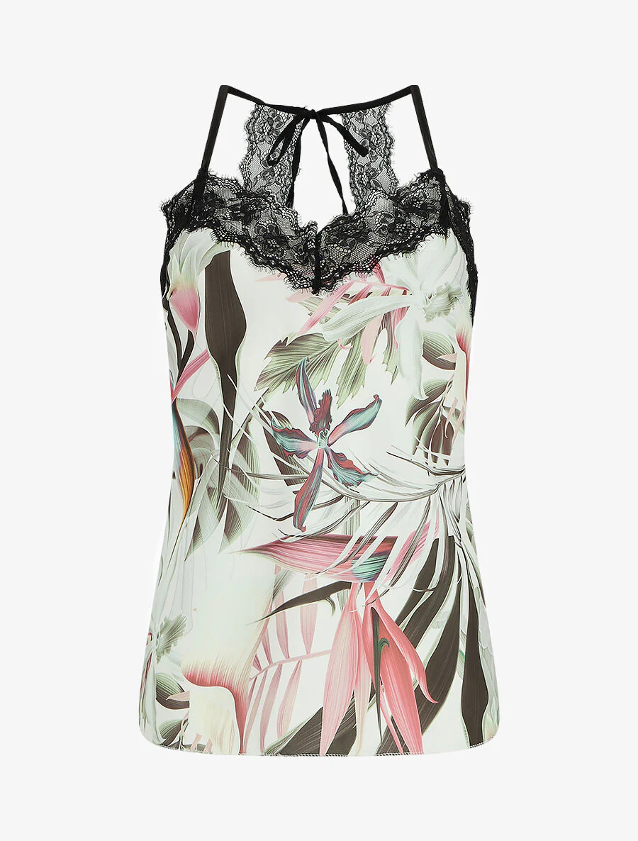 Satijnen kimono met plantenprint kant - wit
