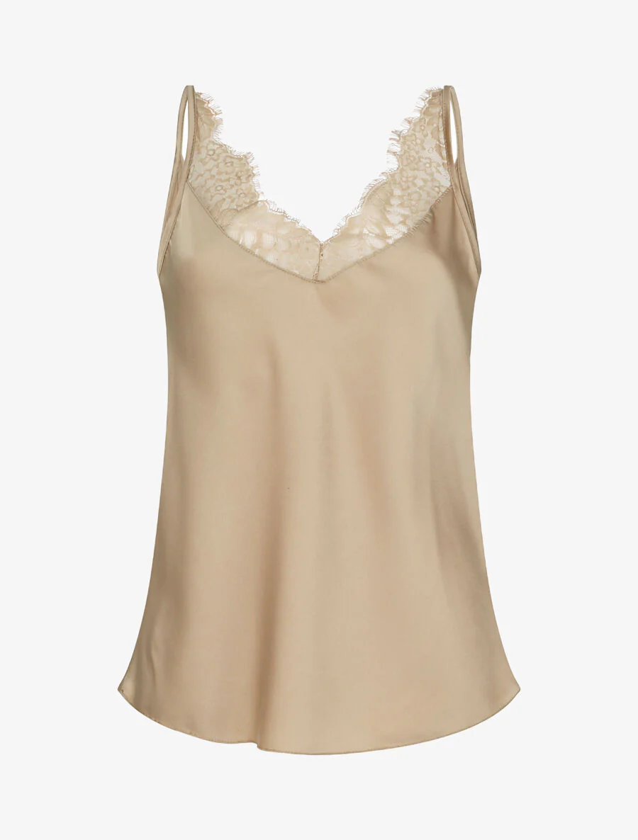 Satijnen rechte caraco met V-hals en kant - Beige