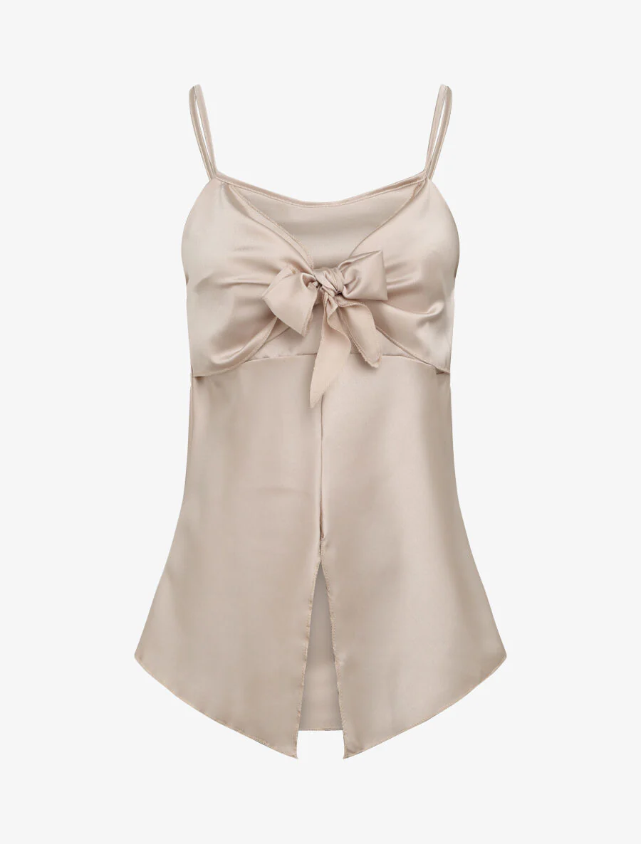 Satijnen rechte jurk met strik - Beige