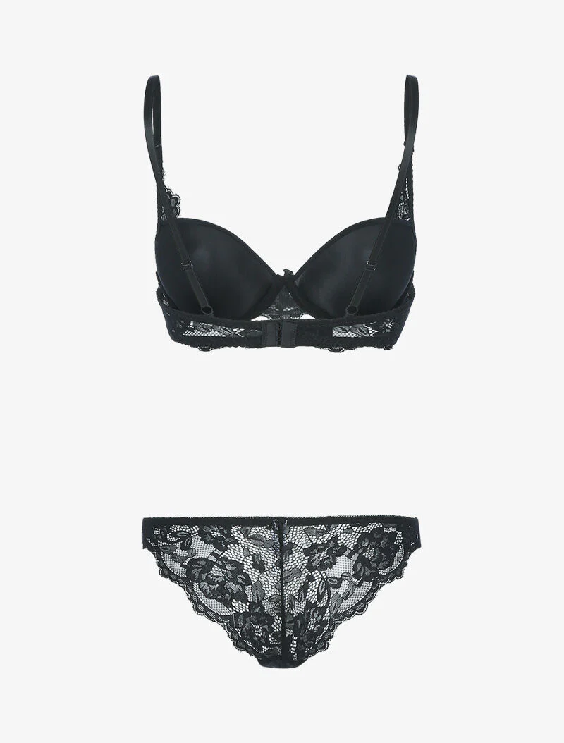 Satijnen set met netstof en kant - zwart - Image 2
