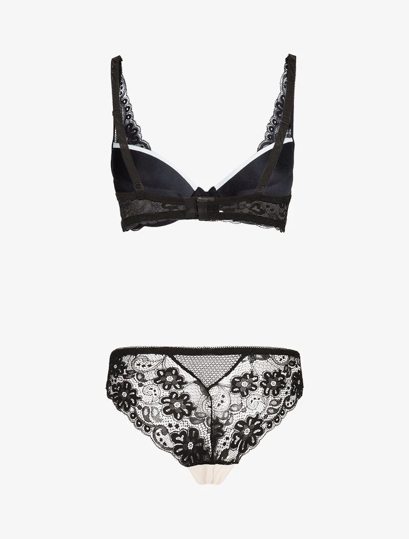 Satijnen set met inzetstukken van gaas en kant - zwart/wit - Image 2