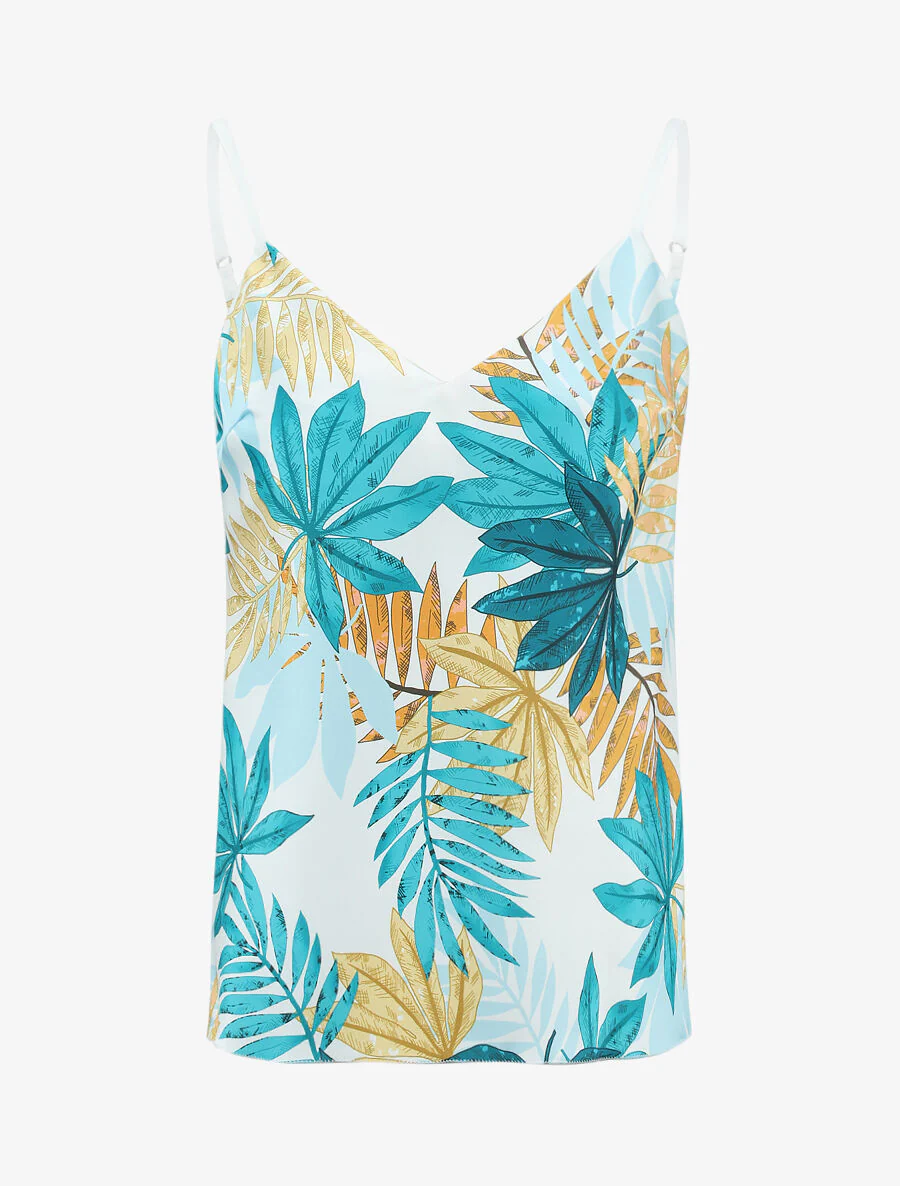 Satijnen tanktop met bladenprint - Groen