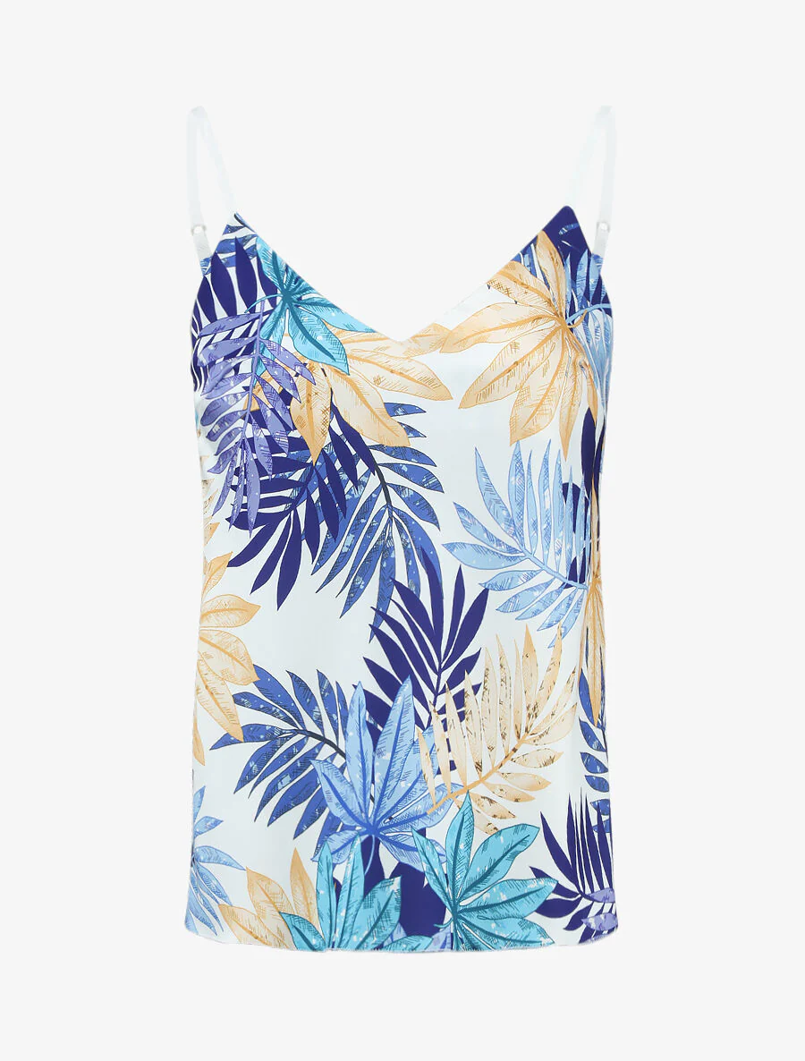 Satijnen tanktop met bladenprint - Marineblauw