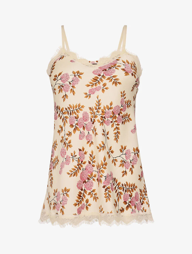 Satijnen tanktop met bloemenprint - beige