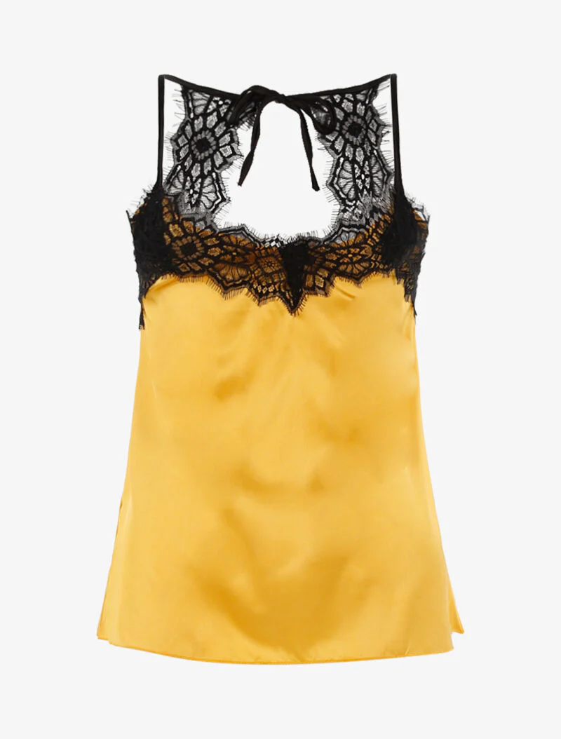 Satijnen tanktop met kanten rand - geel