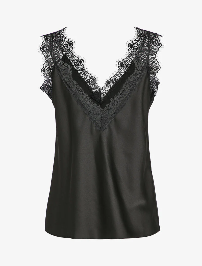 Satijnen tanktop met kanten rand - Zwart - Image 2