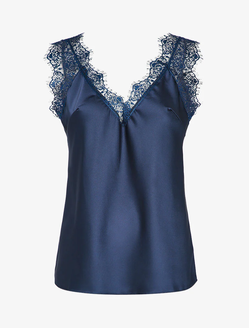 Satijnen tanktop met kanten rand - Marineblauw - Image 2