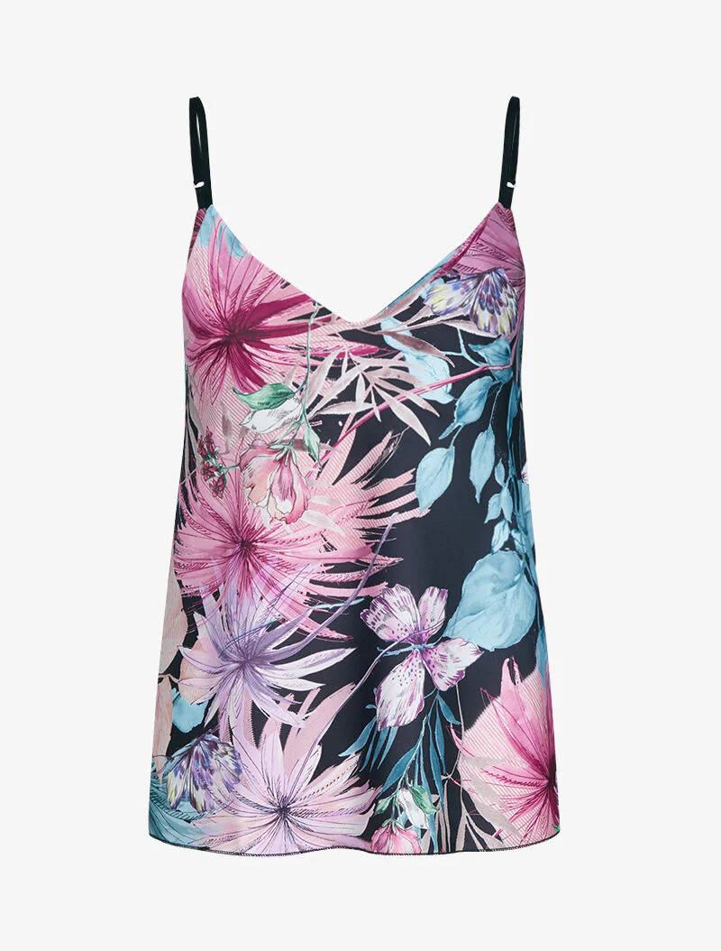 Satijnen tanktop met prints - Zwart
