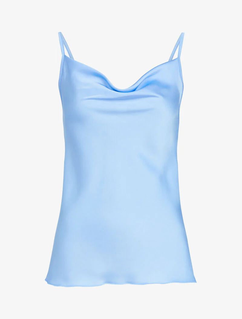 Satijnen tanktop met watervalhals - hemelsblauw